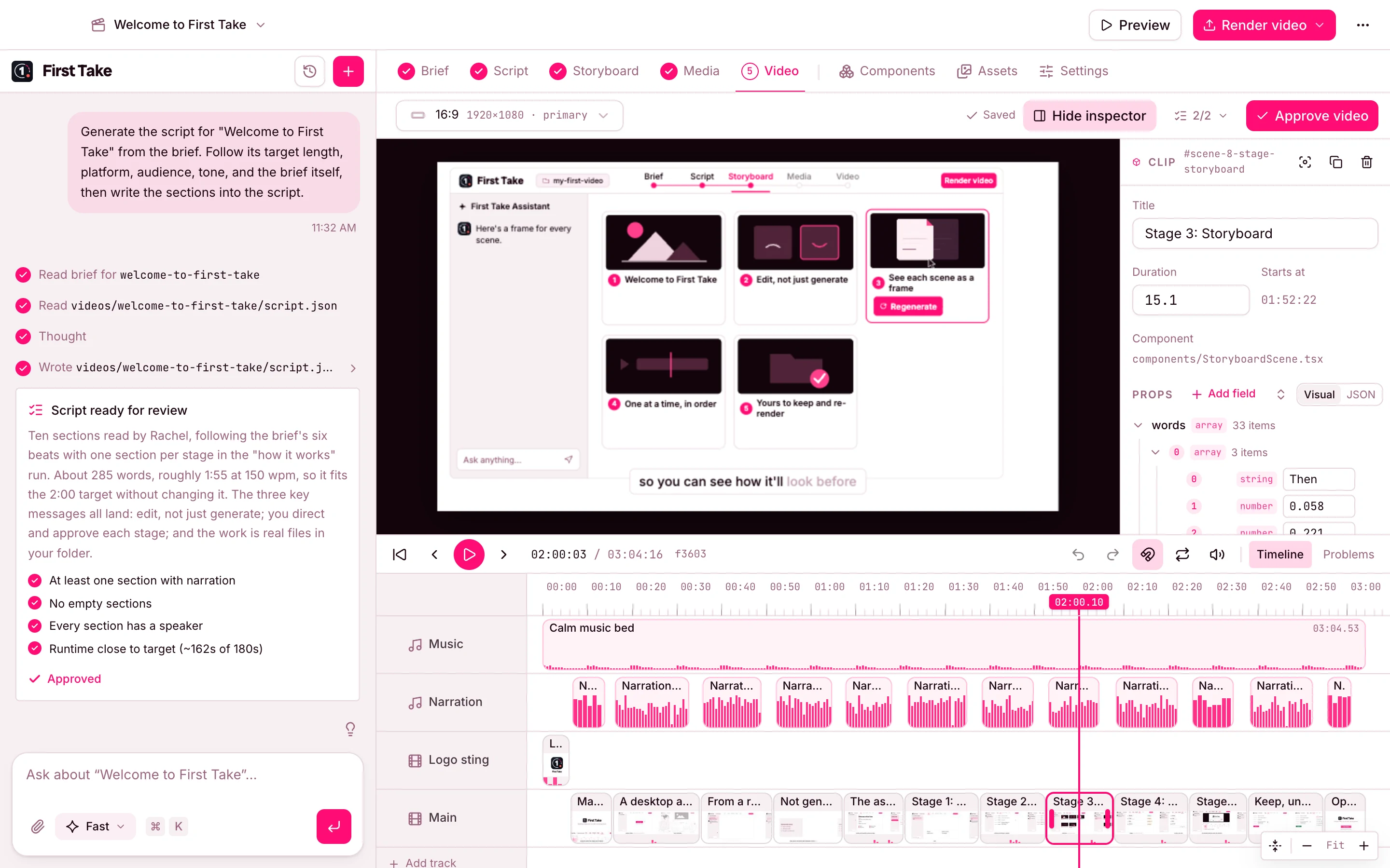 The video editor with a selected scene, its properties and a multi-track timeline.