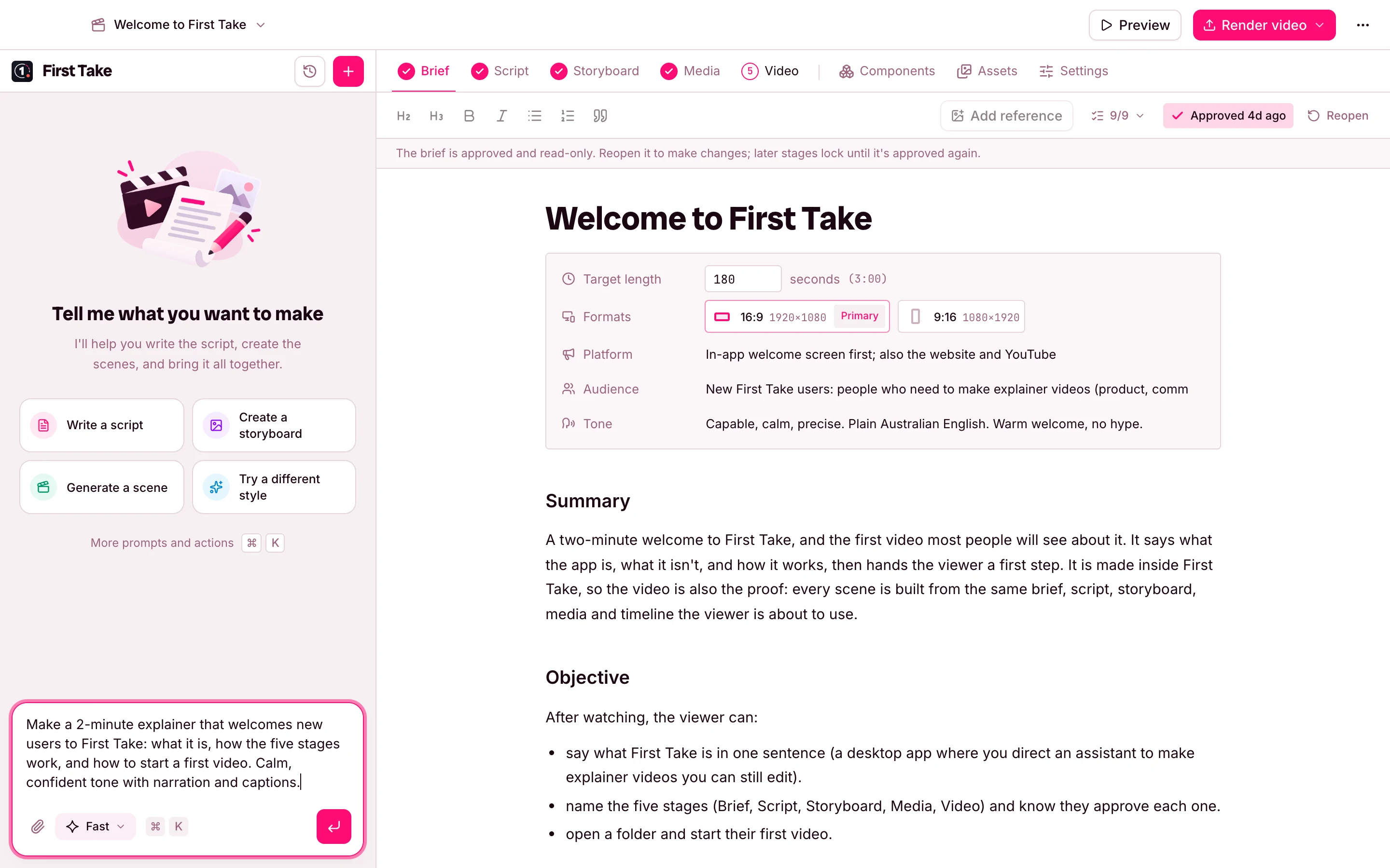 Typing a prompt to the First Take assistant beside the video brief.