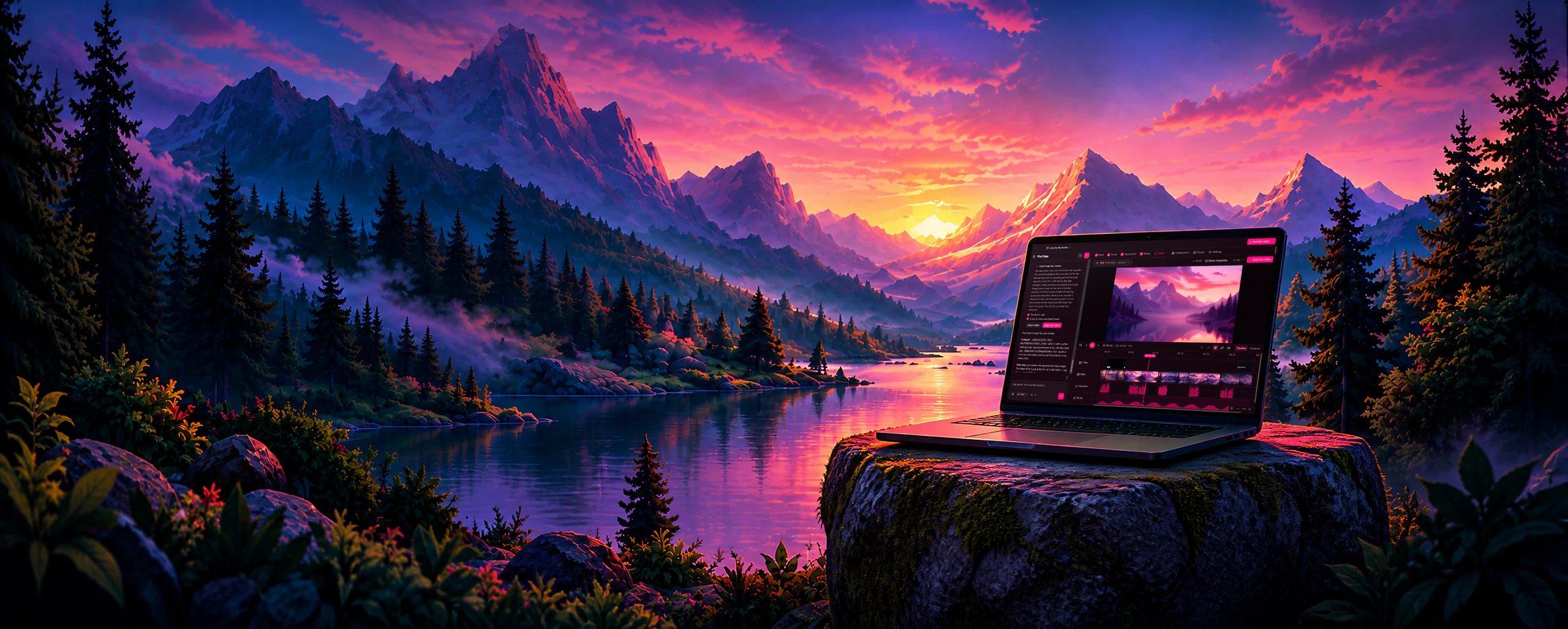 The First Take editor on a laptop on a mossy rock above a mountain lake at dusk: the assistant's review notes beside the video preview and a multi-track timeline.